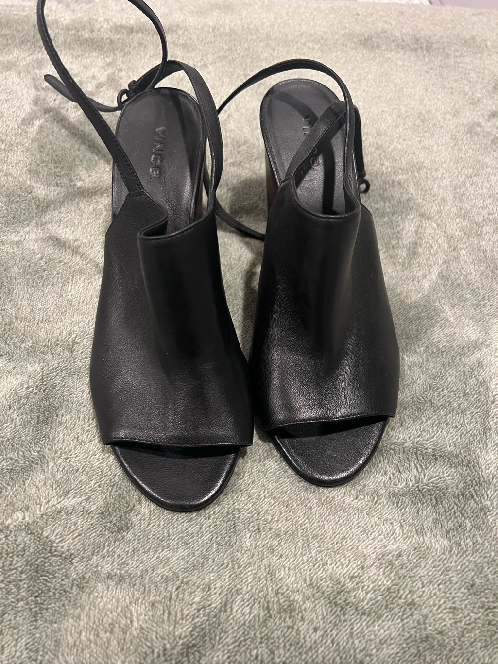 Vince Black Leather Open-Toe Ankle Wrap Heels
